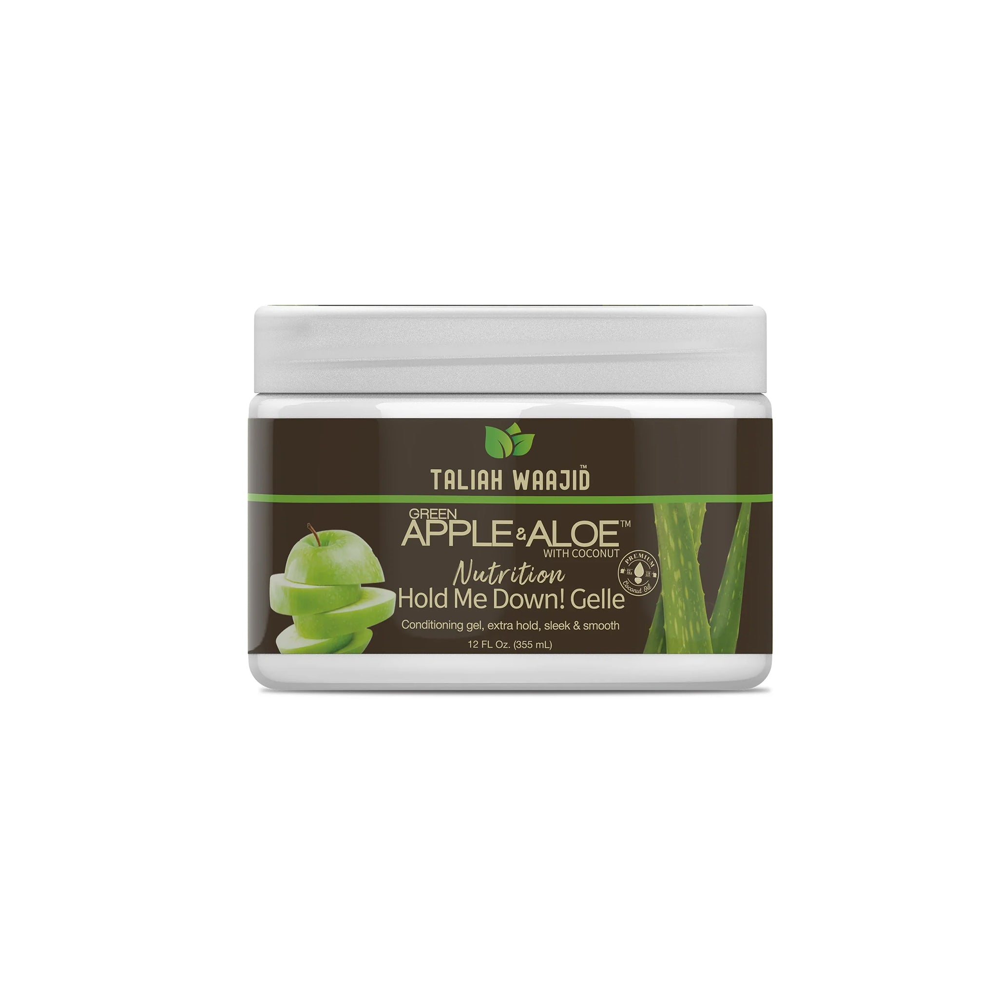 Taliah Waajid Green Apple & Aloe Nutrition Hold Me Down! Gelle i rund beholder med mørk etiket, grønne æbler og aloe vera.