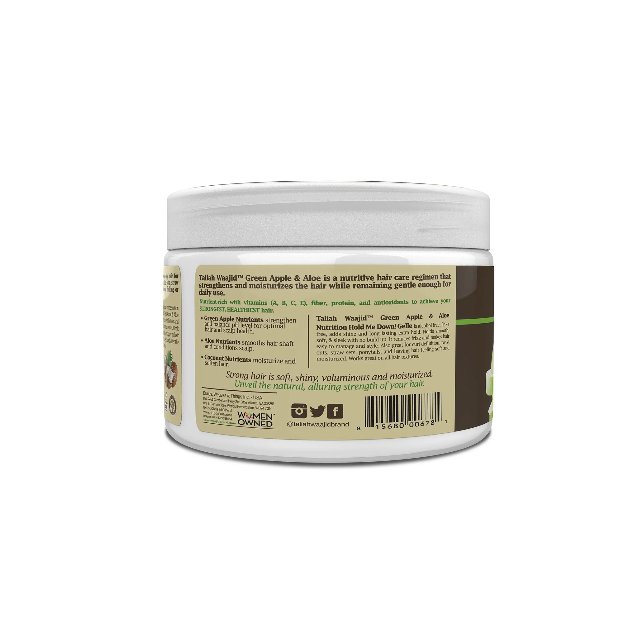 Bagsiden af Taliah Waajid Green Apple & Aloe Nutrition Hold Me Down! Gelle med næringsbeskrivelse og ingredienser på beige og brun etiket.