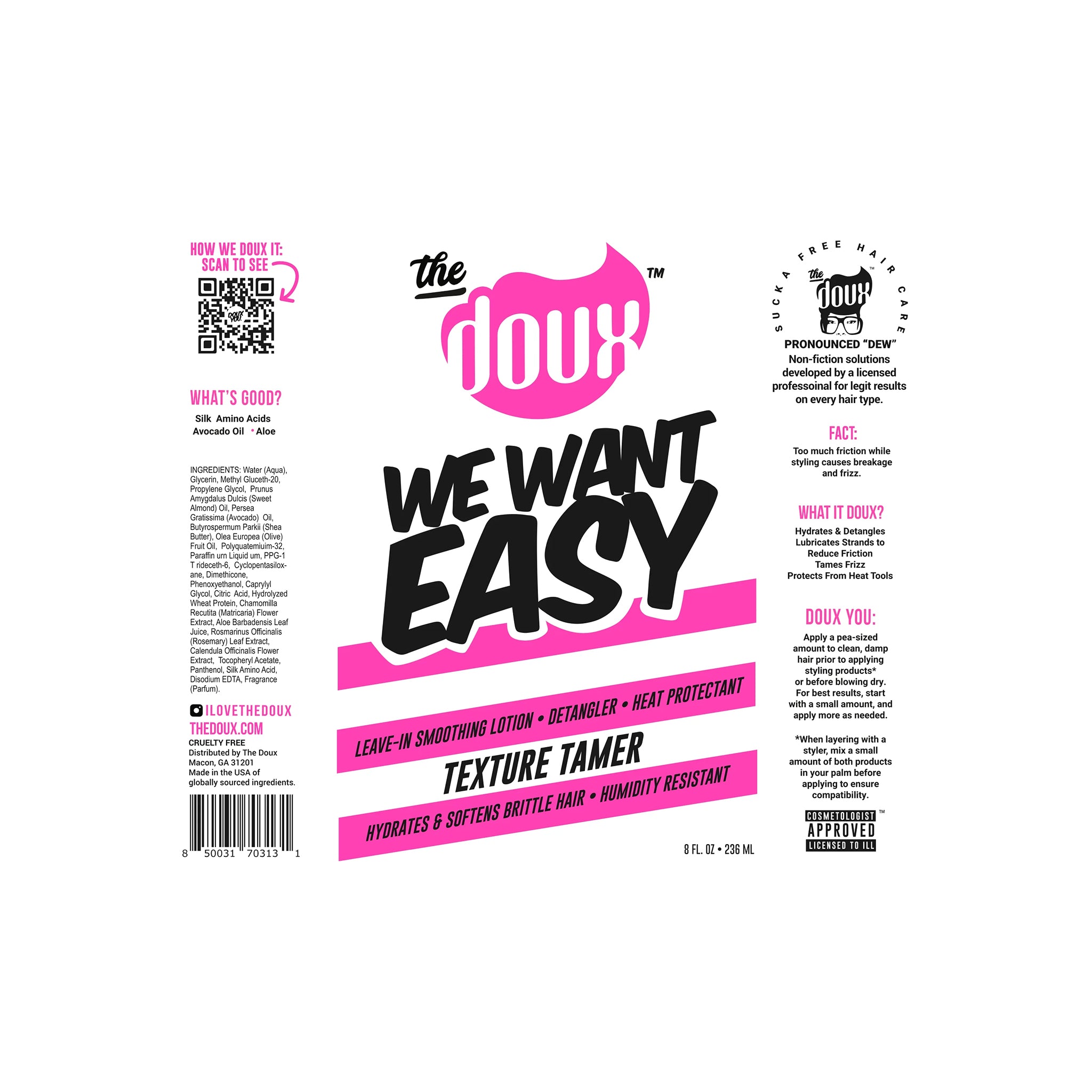 Bagsiden af en hvid flaske med sort låg indeholdende The Doux We Want Easy Texture Tamer. Etiketten indeholder en QR-kode, ingrediensliste, brugsanvisning, og markedsføringstekst.
