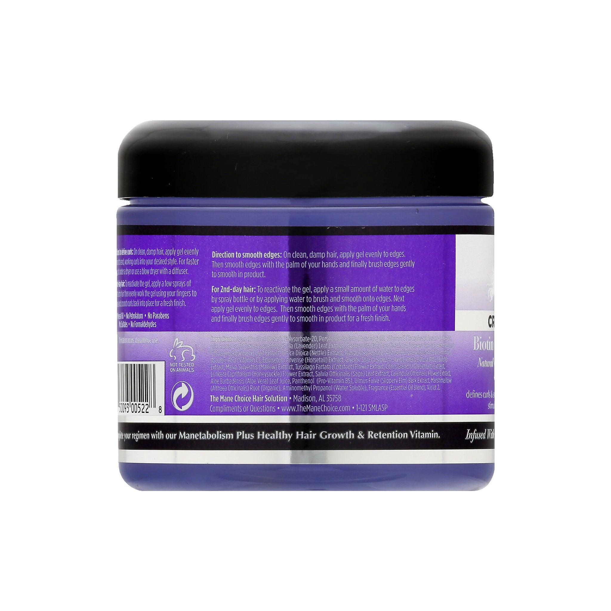 Bagsiden af The Mane Choice Crystal Orchid Biotin Infused Styling Gel. Viser information om, hvordan man bruger gelen til at glatte kanter og definere krøller.