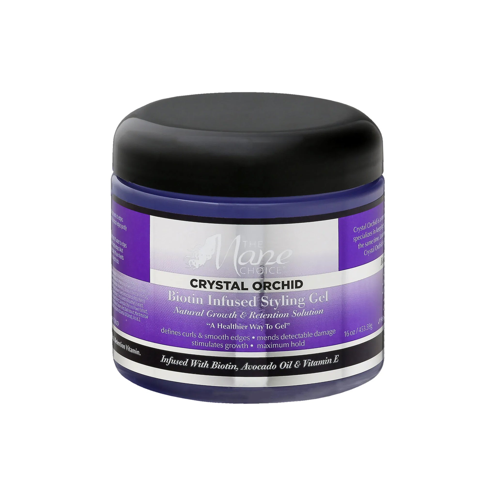 Lilla krukke med sort låg indeholdende The Mane Choice Crystal Orchid Biotin Infused Styling Gel. Fremmer naturlig vækst og fastholdelse.