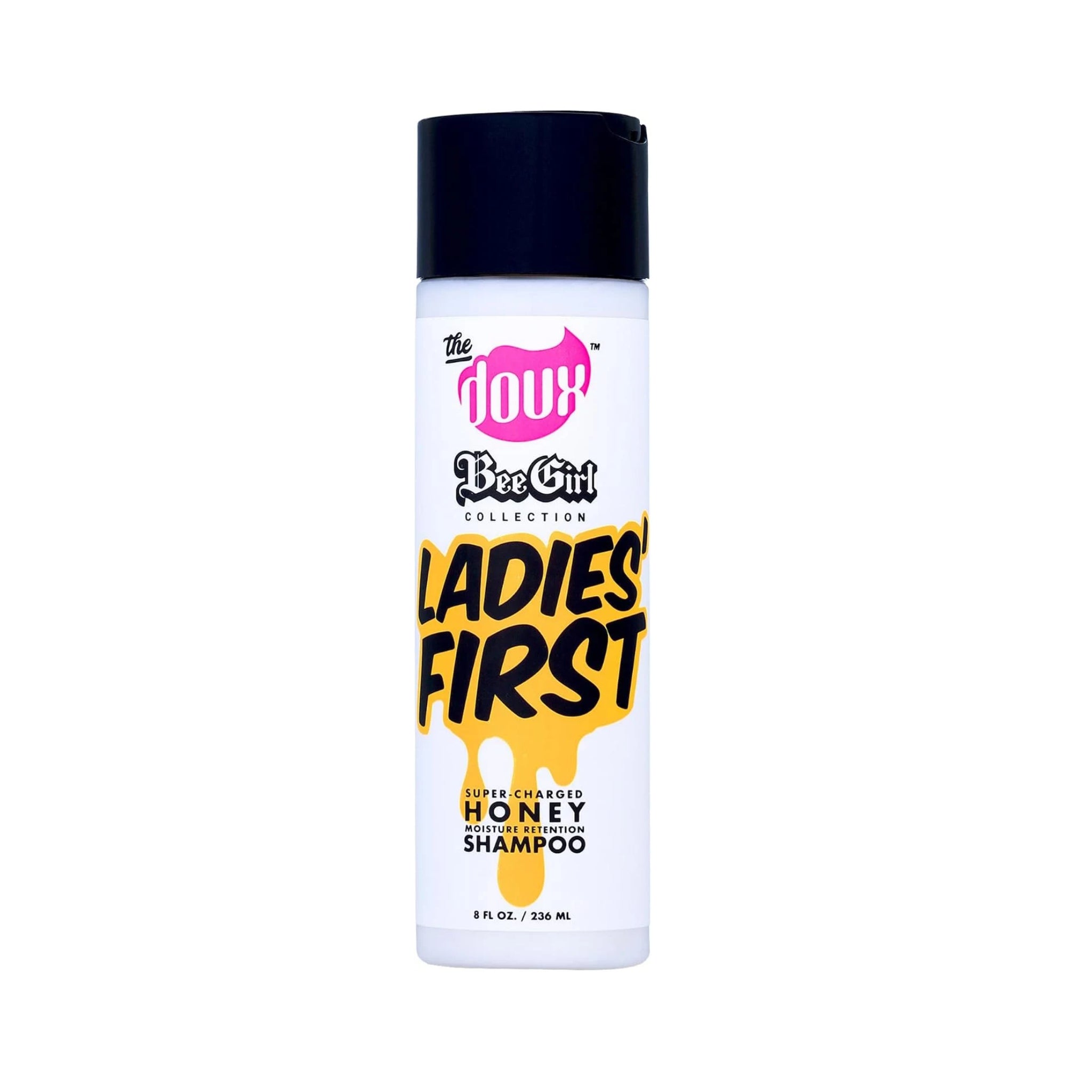 The Doux Bee Girl Ladies' First Honey Moisture Retention Shampoo, hvid flaske med sort låg og gul honning-grafik, 236 ml.