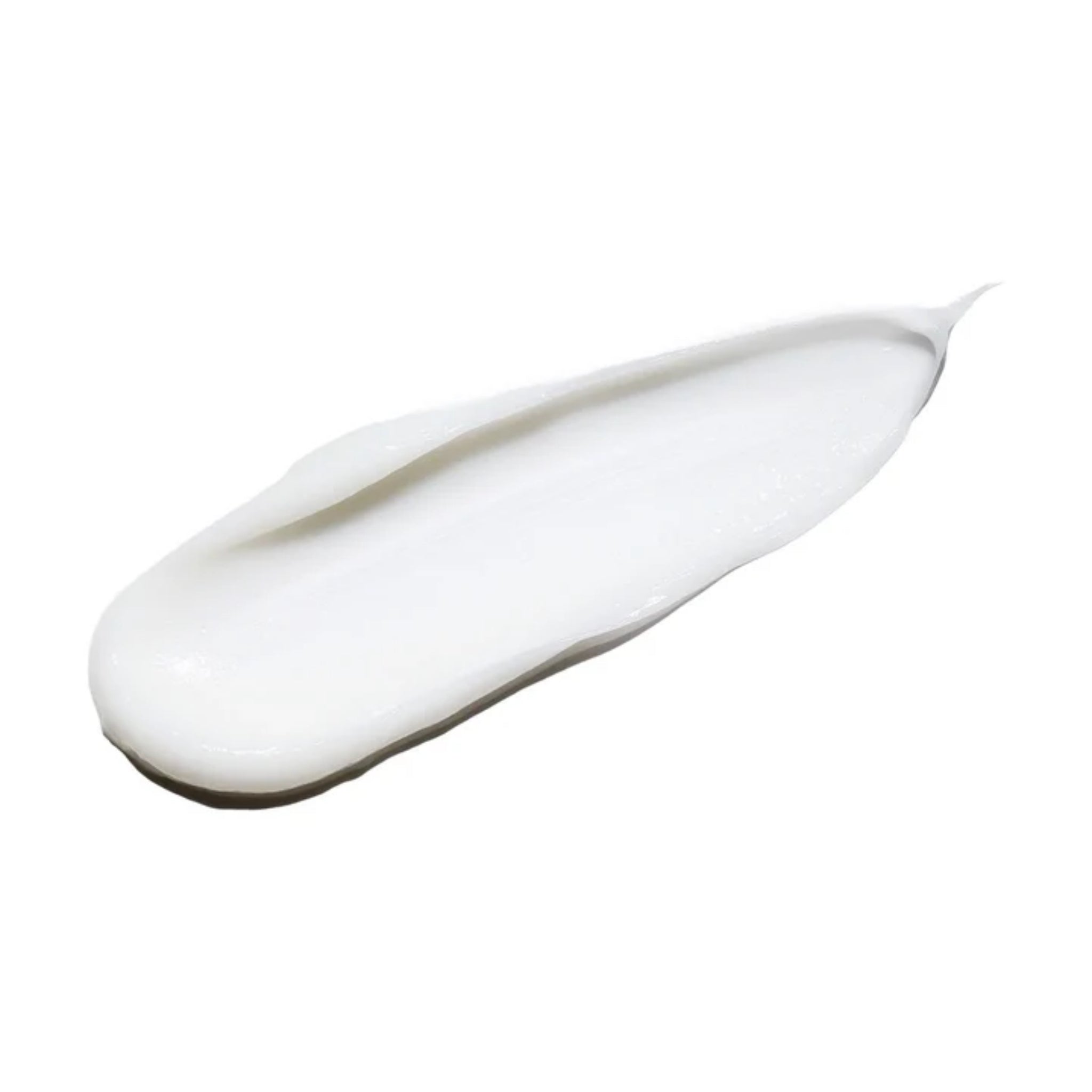 Hvid cremet lotion-swatch med glat, glinsende tekstur på ren hvid baggrund.