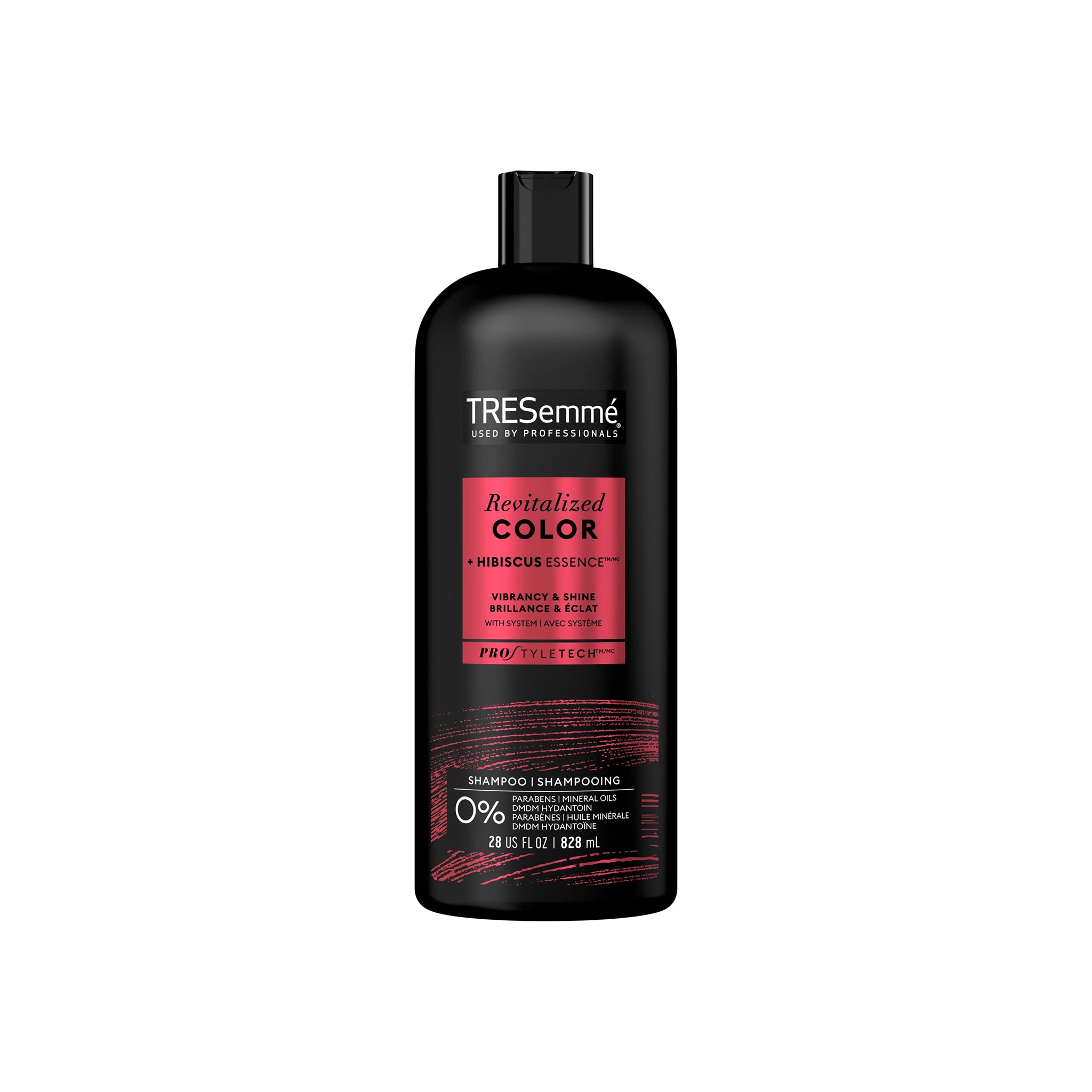 Sort flaske med TRESemmé Revitalized Color Shampoo 828ml, designet med rød og hvid tekst, stående på hvid baggrund.