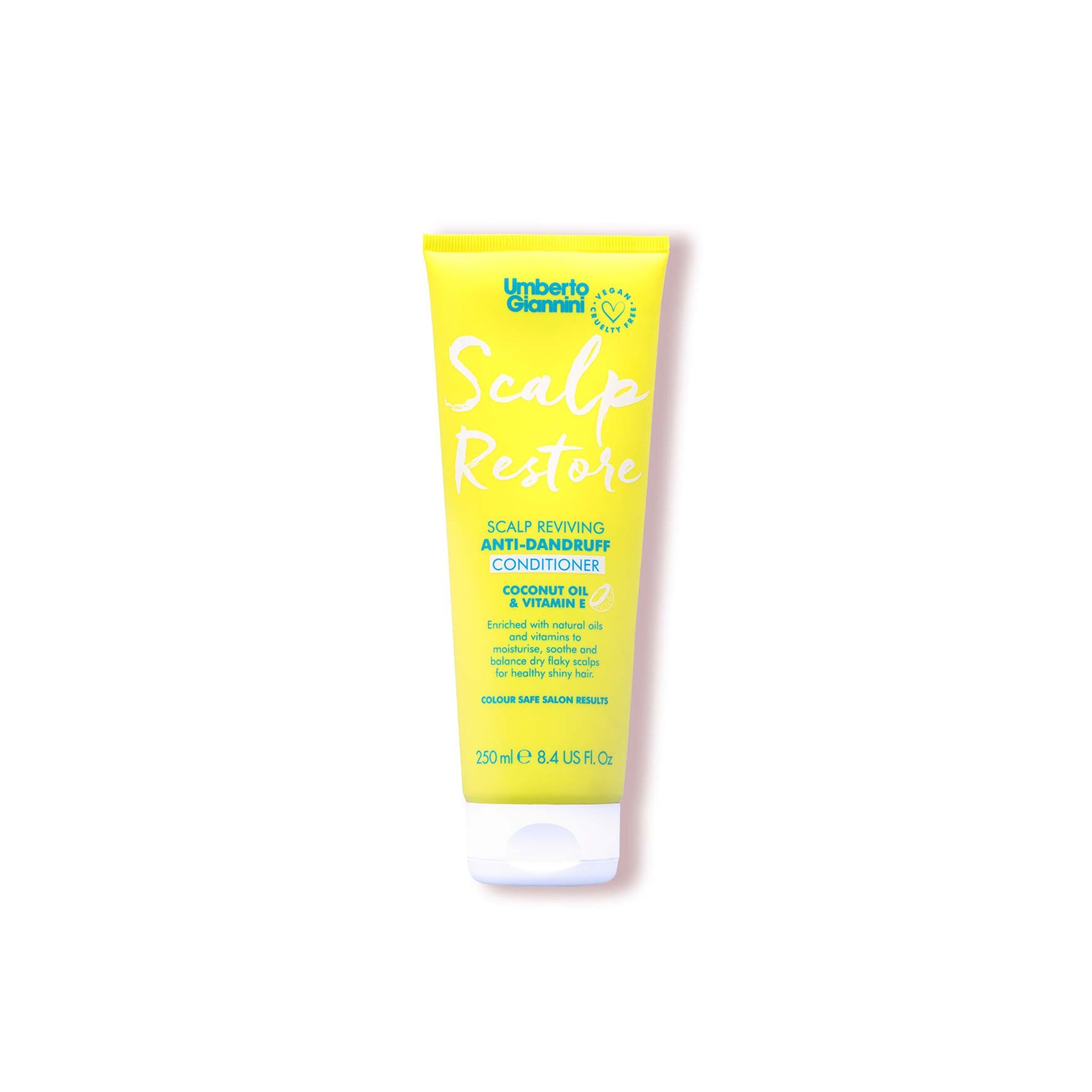 Gul tube med Umberto Giannini Scalp Restore anti-dandruff conditioner med kokosolie og E-vitamin, 250 ml.