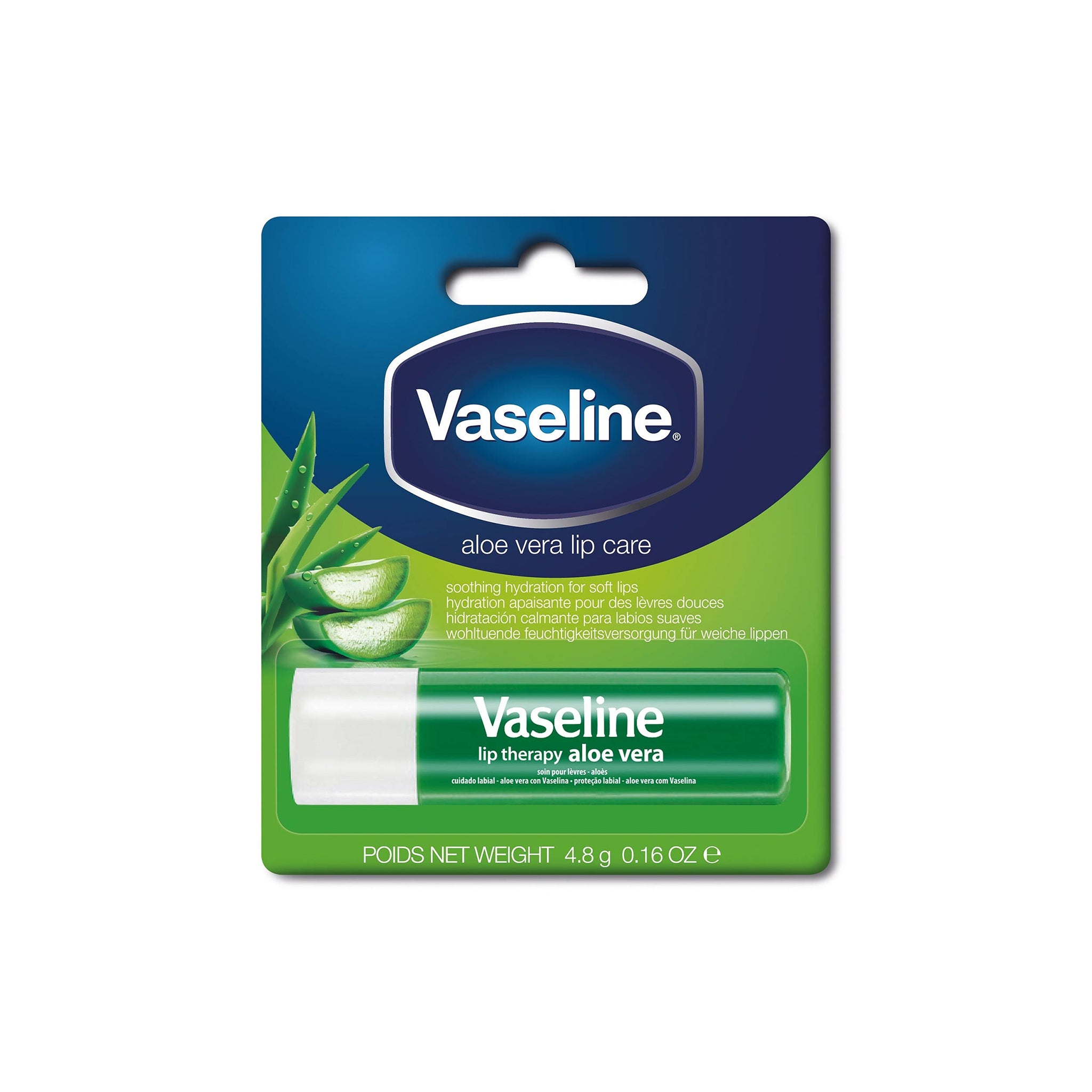 Vaseline Lip Therapy Stick Aloe Vera i grøn og hvid emballage med aloe vera-bladgrafik, 4,8 g, giver beroligende og fugtgivende pleje til bløde læber.