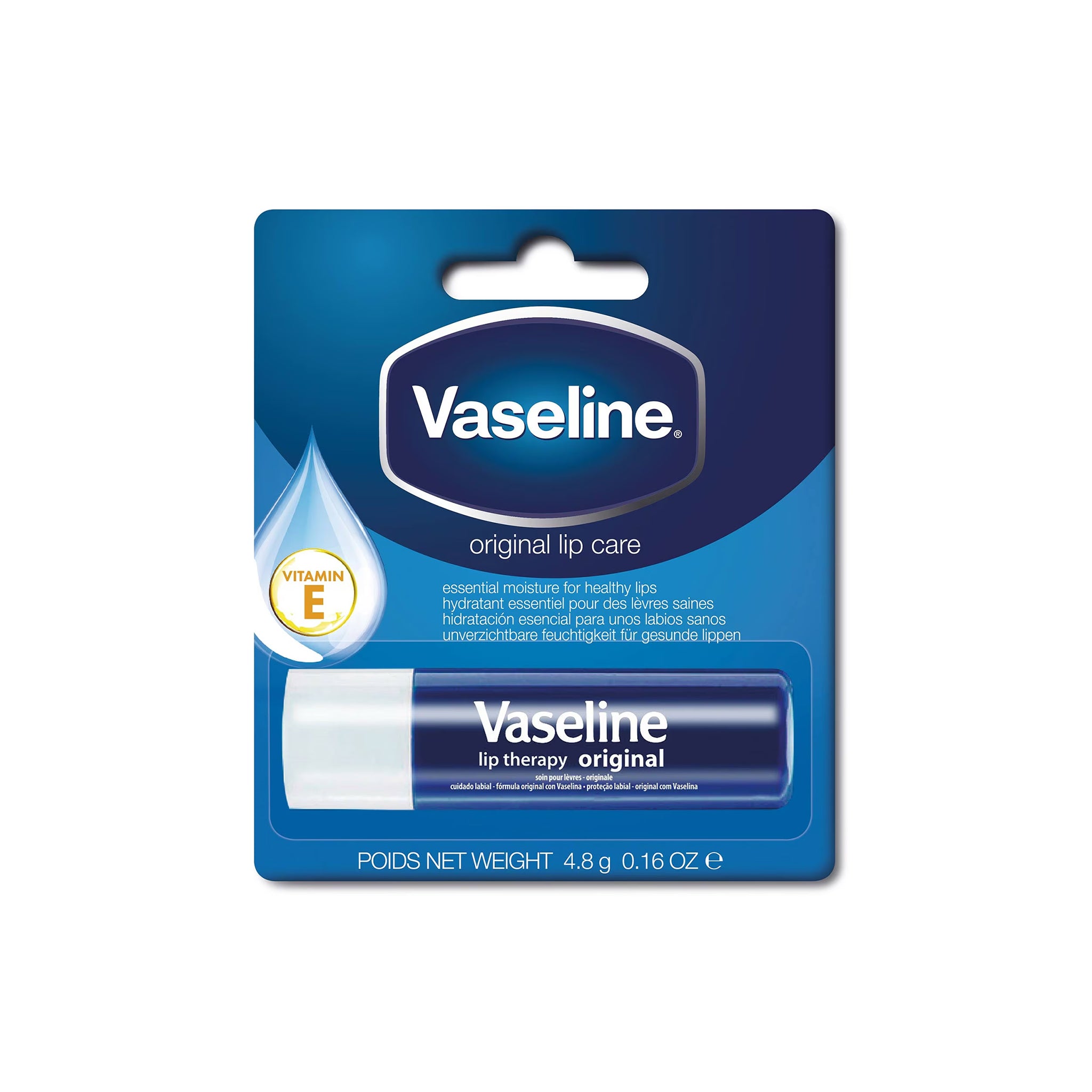 Vaseline Lip Therapy Stick Original i mørkeblå og hvid emballage med vitamin E ikon, 4,8 g, giver fugt til sunde læber.