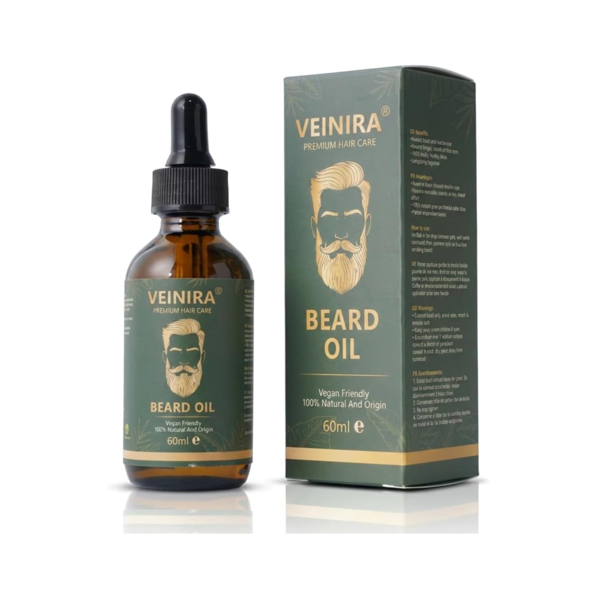 Veinira Beard Oil skægolie 60 ml i brun dropperflaske ved siden af grøn og guld emballage.