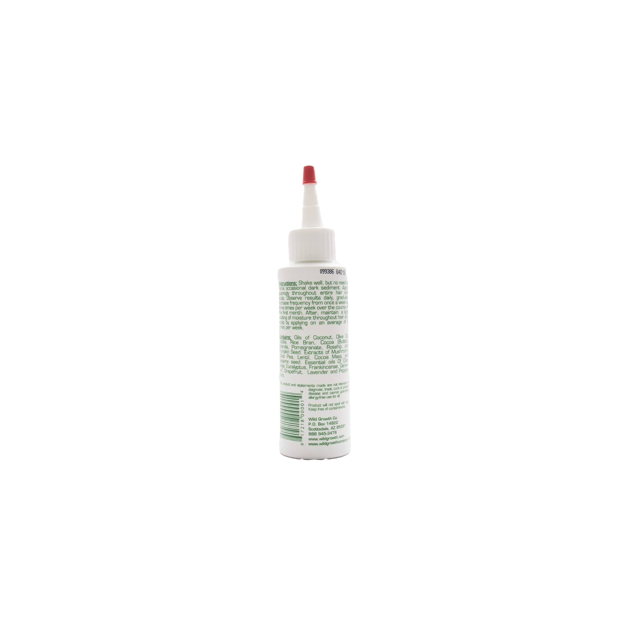 Bagside af en flaske med Wild Growth Hair Oil. Flasken er grøn og hvid med sort skrift. Produktet er designet til at fremme hårvækst.