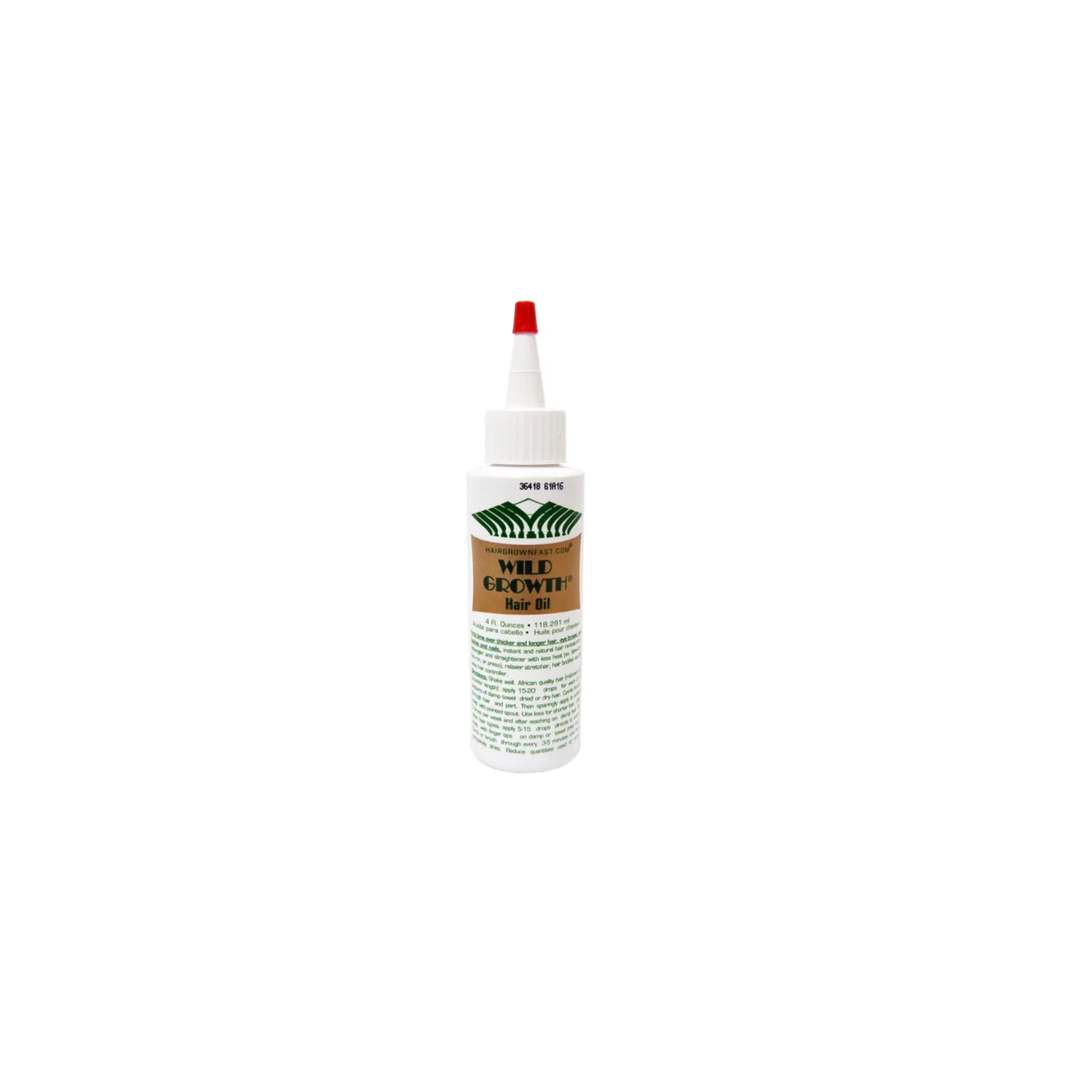 Wild Growth Hair Oil 118ml. En hvid flaske med grøn etiket og rød tud, der indeholder hårolie til hårvækst.
