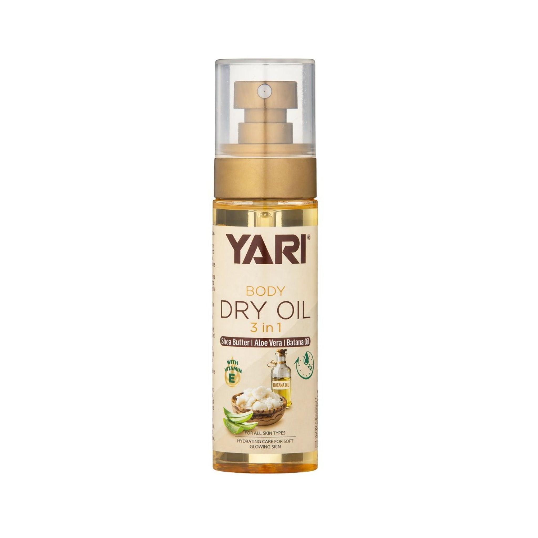 Yari Body Dry Oil 3 in 1 sprayflaske med shea butter, aloe vera og batana olie til glødende hud.