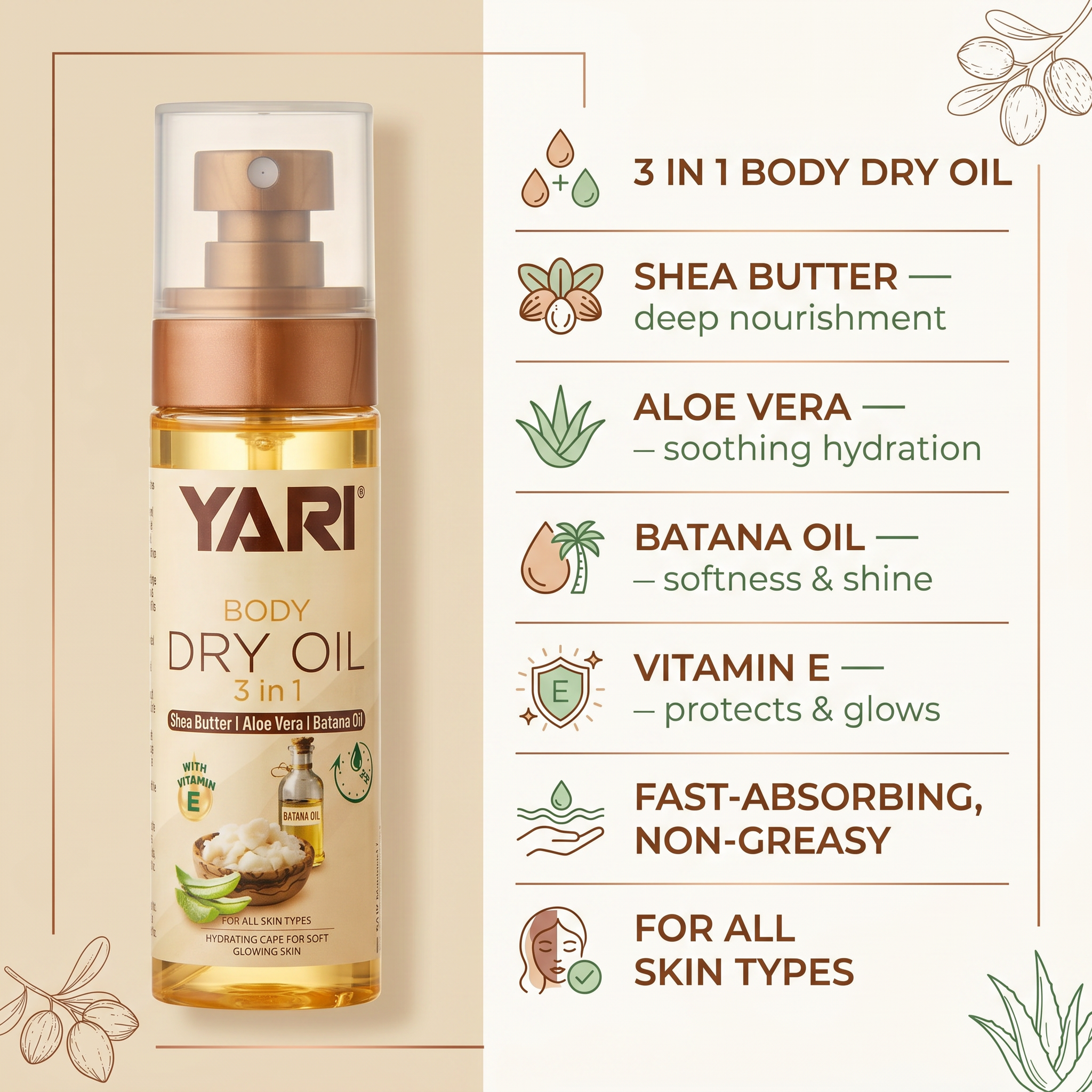 Yari Body Dry Oil 3 i 1 spray med shea butter, aloe vera og batana oil til glødende hud.