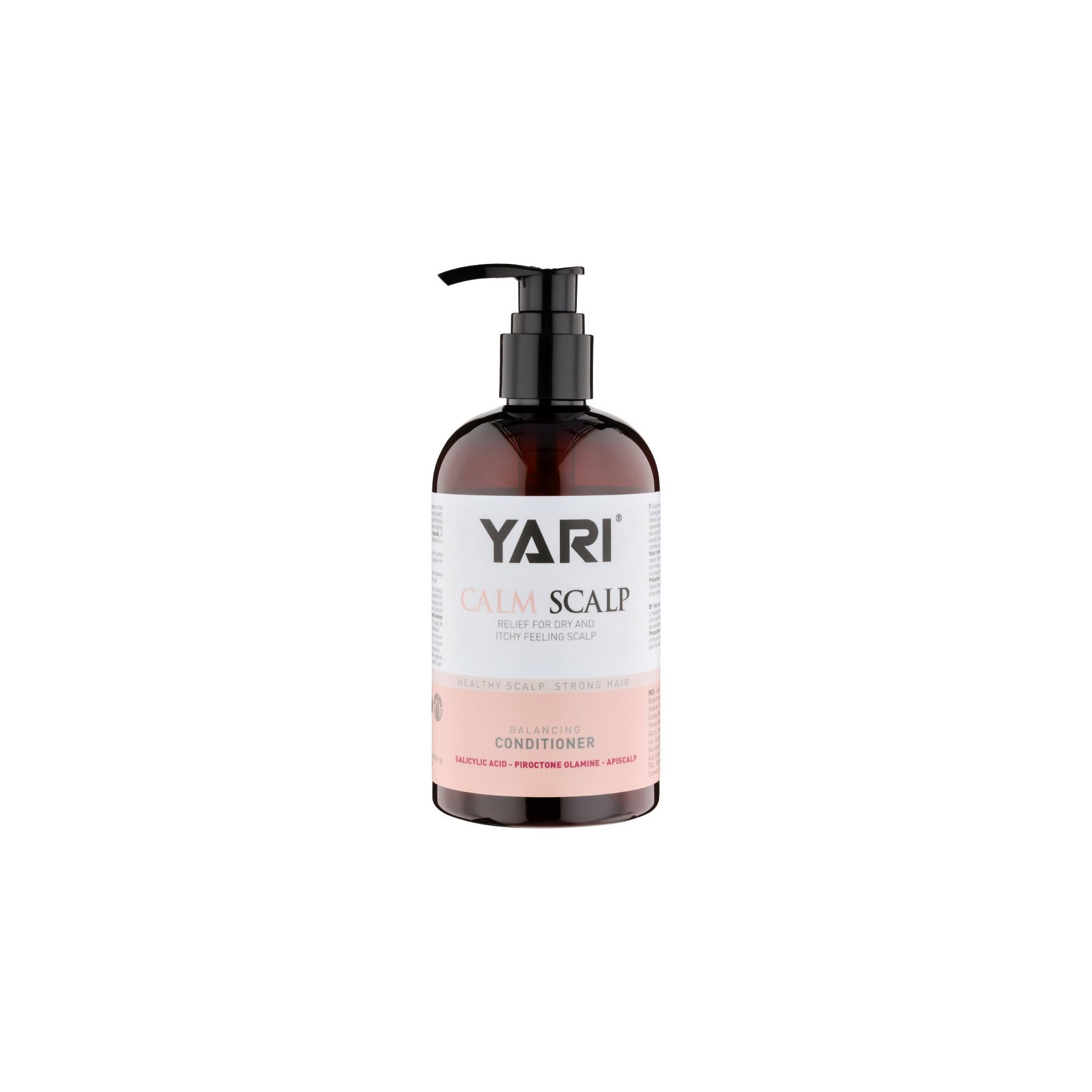Yari Calm Scalp Dry & Itchy Balancing Conditioner 360ml flaske med pumpe, brun etikette og sort hætte.