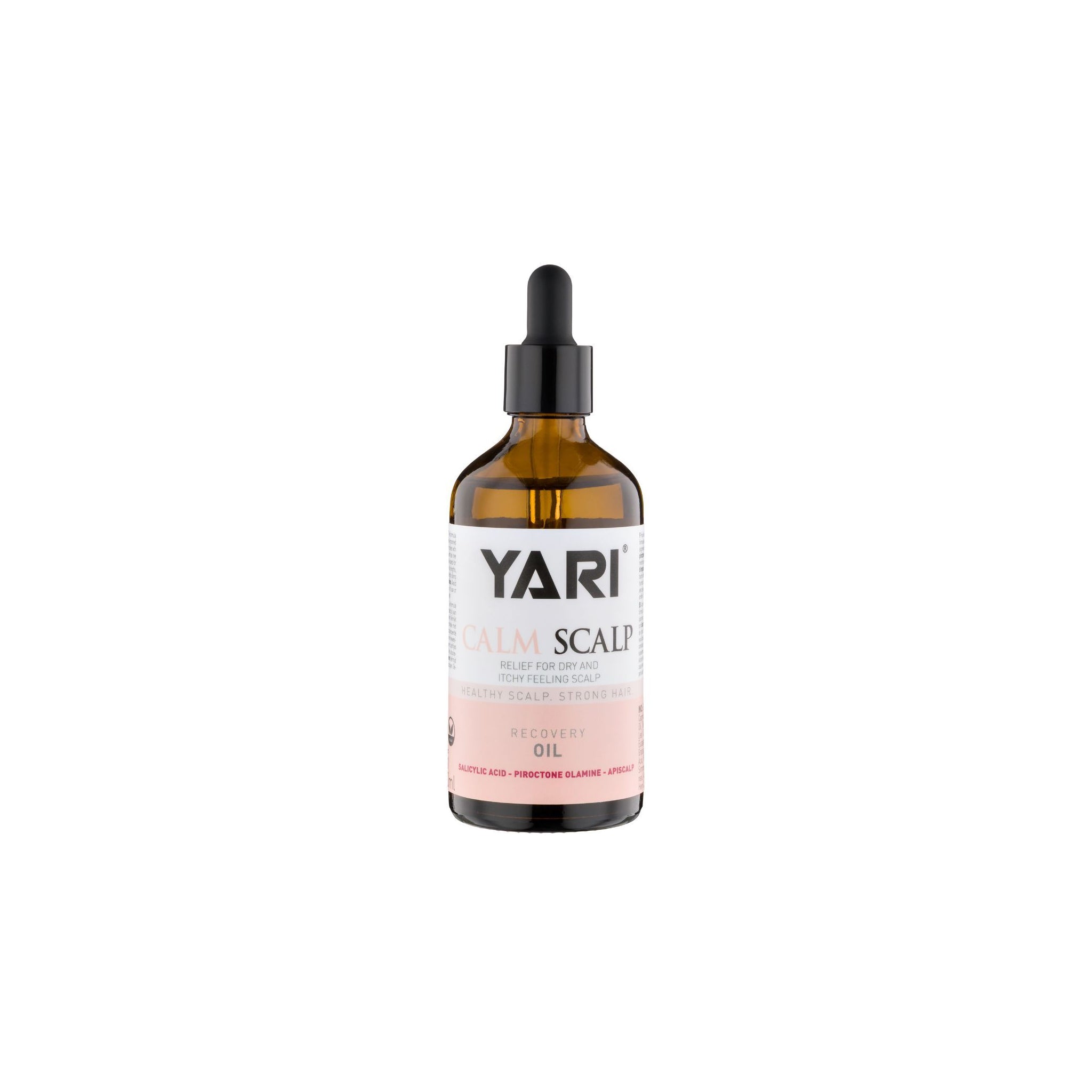 Yari Calm Scalp Dry & Itchy Recovery Oil 100ml flaske med pipette på hvid baggrund.